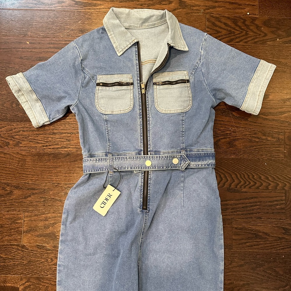 Denim zip up pant jumpsuit with back/ front pockets and belt